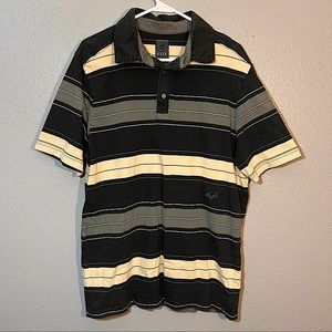 Fox Racing Mens Size XL Polo Grey White Black Strips Y2K Embroidered Fox Logo